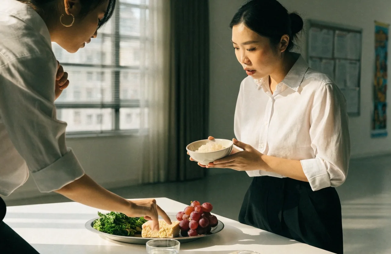 A dietitian's hands arranging a paper plate diagram and cut-out food shapes on a plain desk