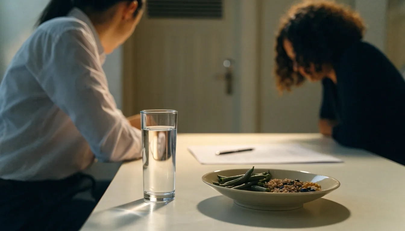 A consultation table with a blank intake sheet, pen, and a bowl of separated food portions