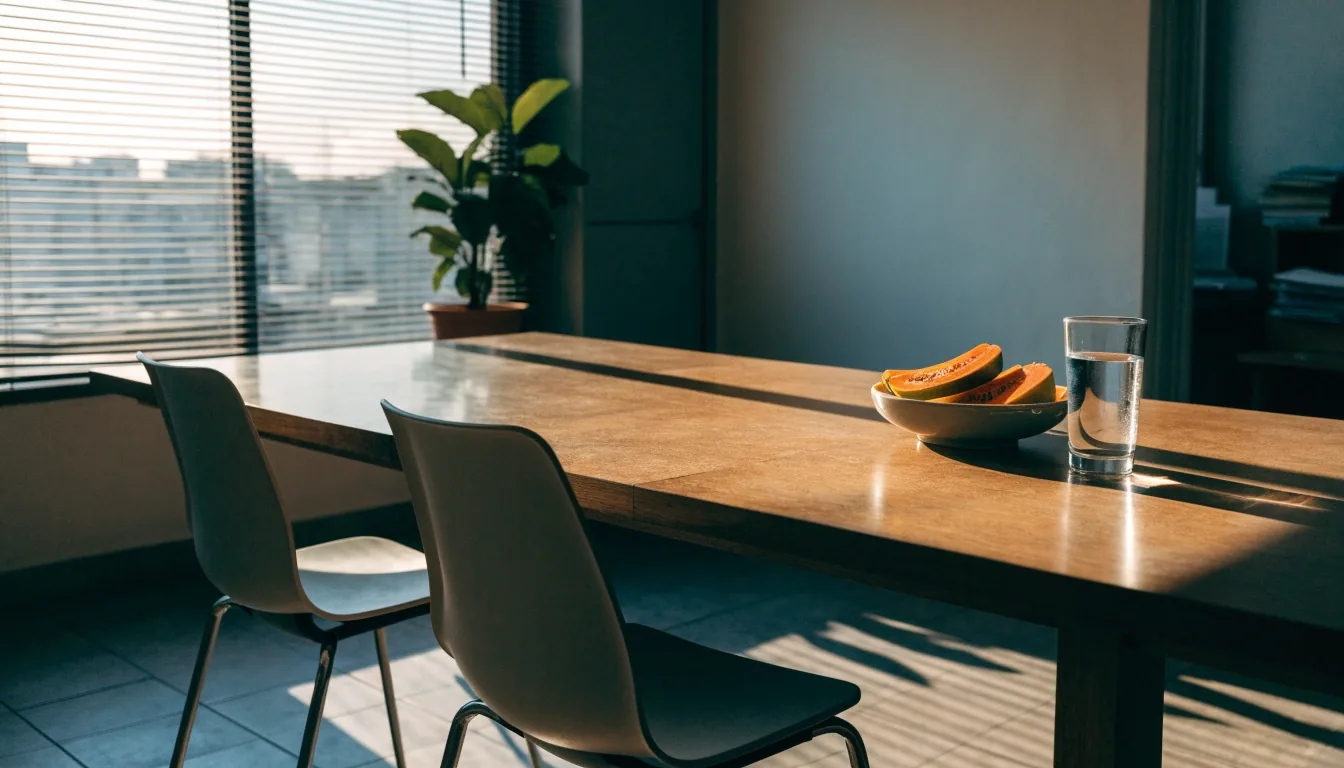 A bright consulting room with a wooden table, two chairs, and a bowl of fruit by a window