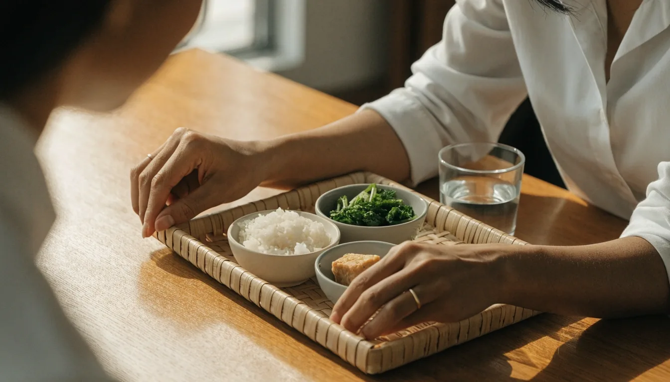 Two hands at a wooden counter with a pencil and a short handwritten list beside a bowl of greens