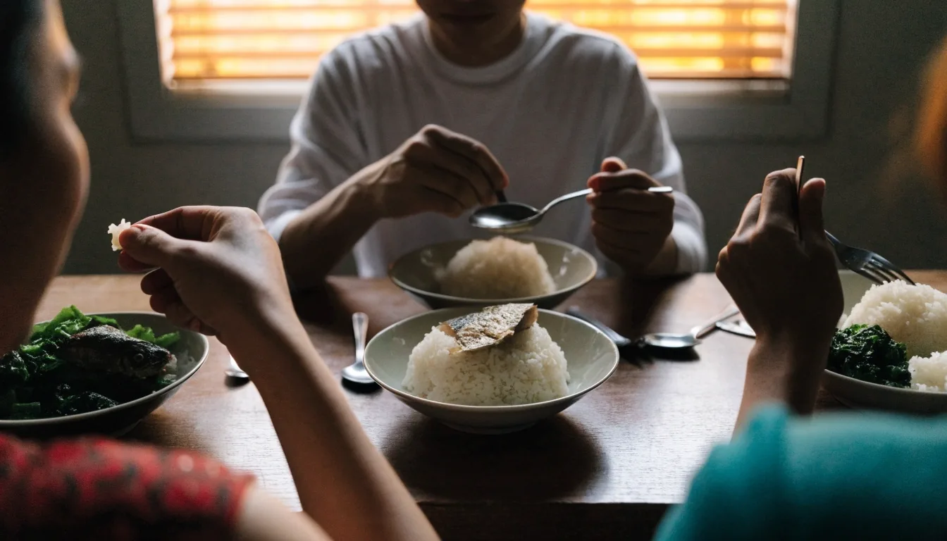 A family sharing a home meal, seen from behind with only shoulders and hands in frame