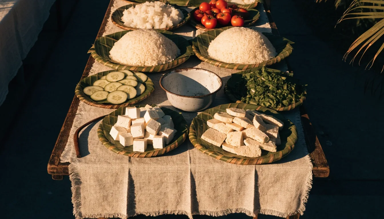 Overhead produce table with separated food groups and an enamel plate at golden hour
