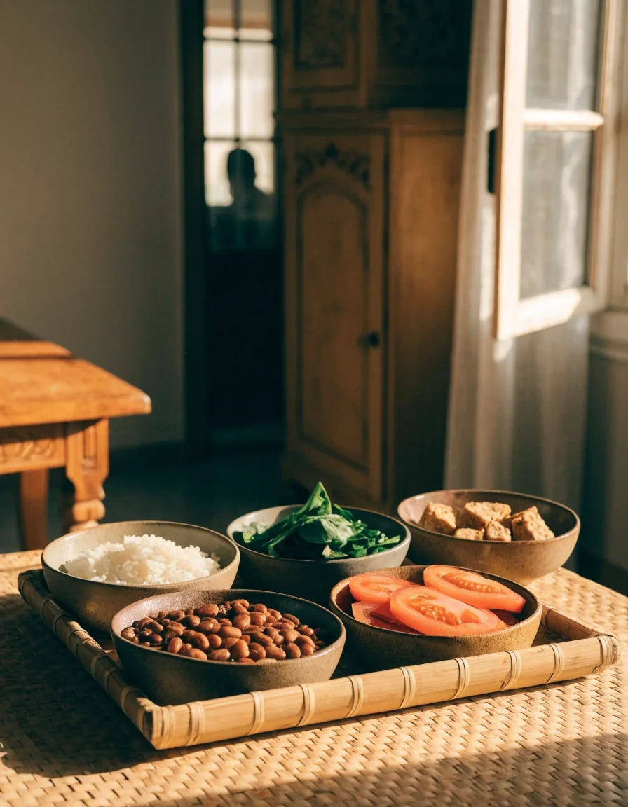 Wooden bowl with separated food-group portions in warm sidelight