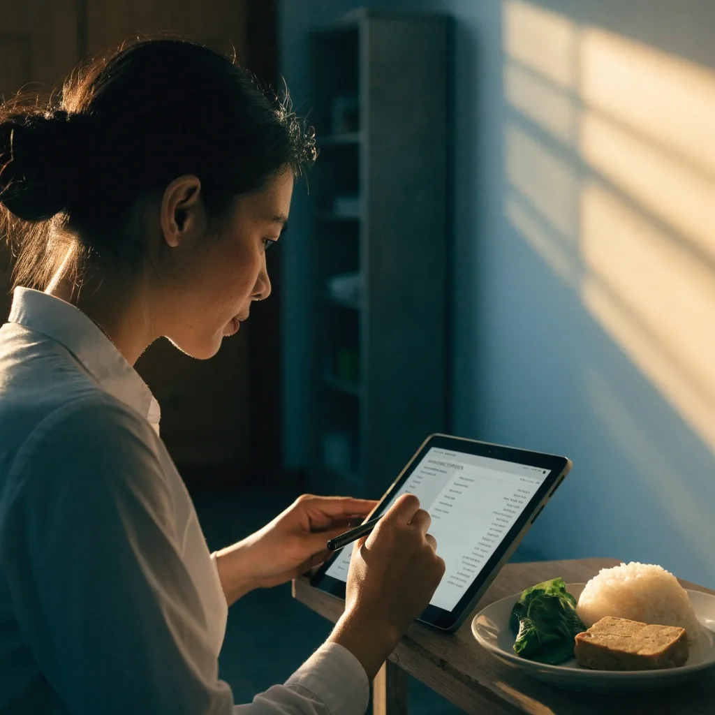 A nutritionist preparing coloured food-group notes before reviewing a client intake form