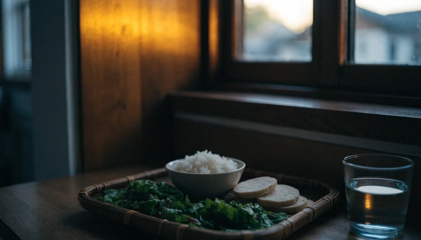 A divided plate with greens, rice and tempeh on a wooden table in warm evening light