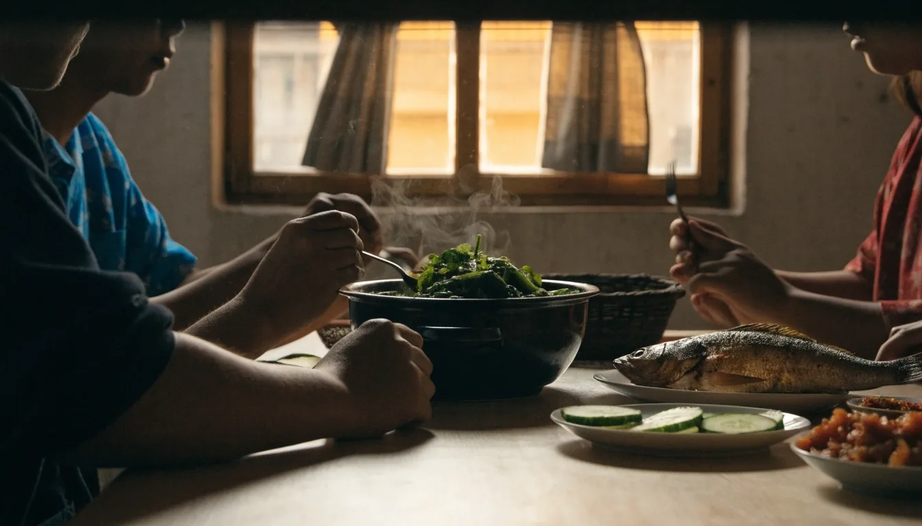 A shared family table with a vegetable pot and grilled fish, seen from behind the diners