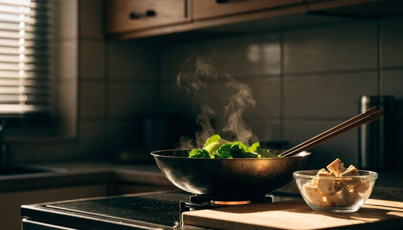 Greens being stirred in a wok on a home kitchen counter with tempeh waiting beside it