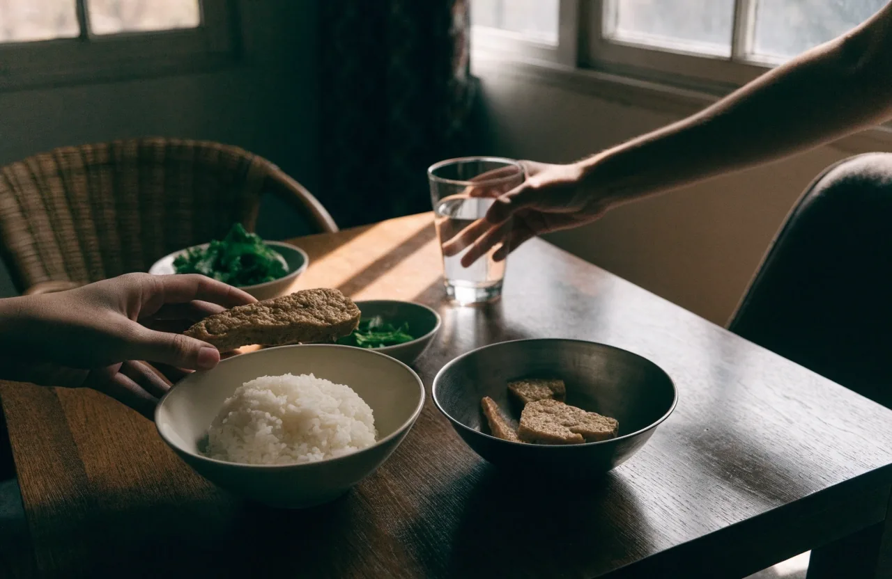 A family table in Jakarta set for the evening meal, plates and shared dishes under warm window light