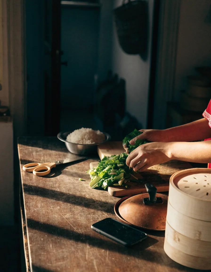 Hands arranging greens and rice on a kitchen counter at dusk beside a stacked steamer