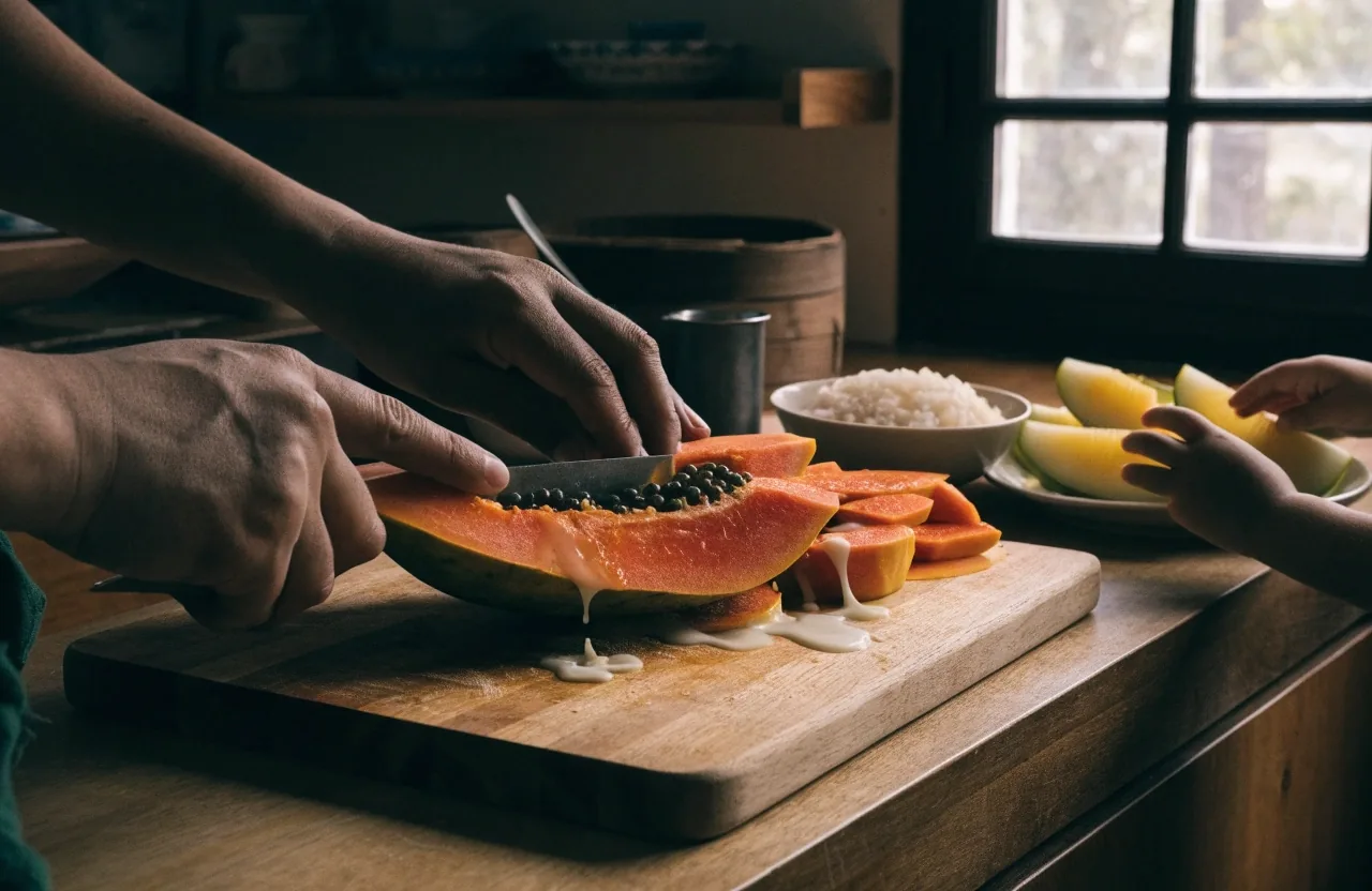 Adult hands preparing cut fruit for a child at a family kitchen table in warm morning light