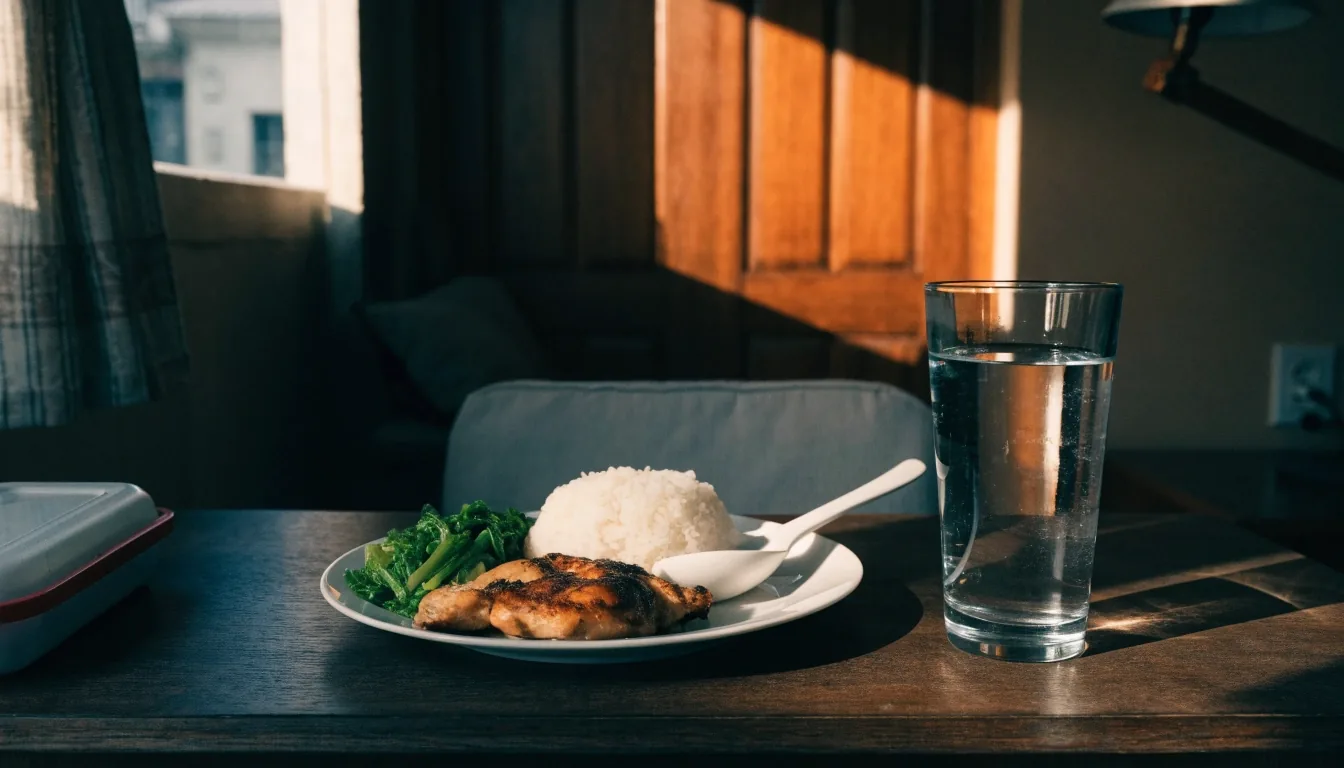 Simple plate of rice, vegetables and grilled protein beside a glass of water on an apartment desk in late afternoon light