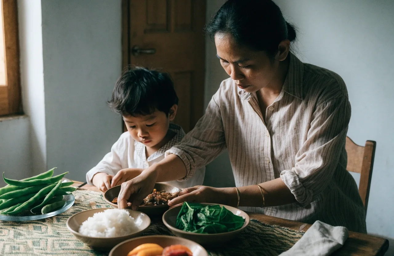 Warung kitchen counter at dusk with a stacked steamer and a bowl of fresh greens beside a glass of water