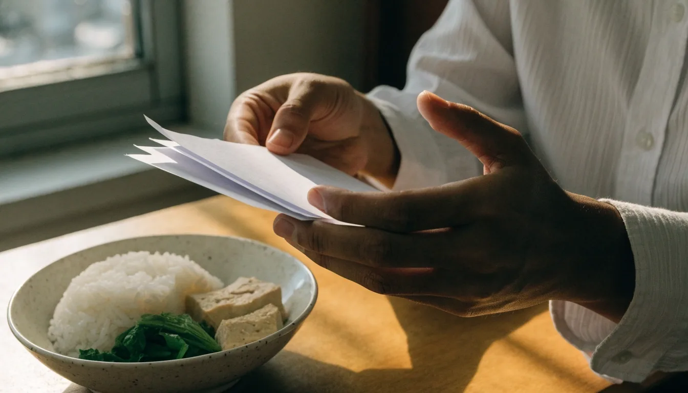 Hands at a desk sorting blank consultation sheets beside a shallow bowl of separated food-group portions