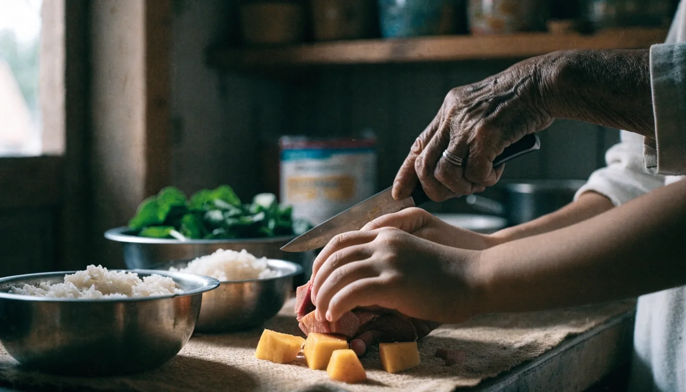 A family meal table seen from behind, shoulders and hands only, with bowls of rice, greens and sliced fruit in warm window light