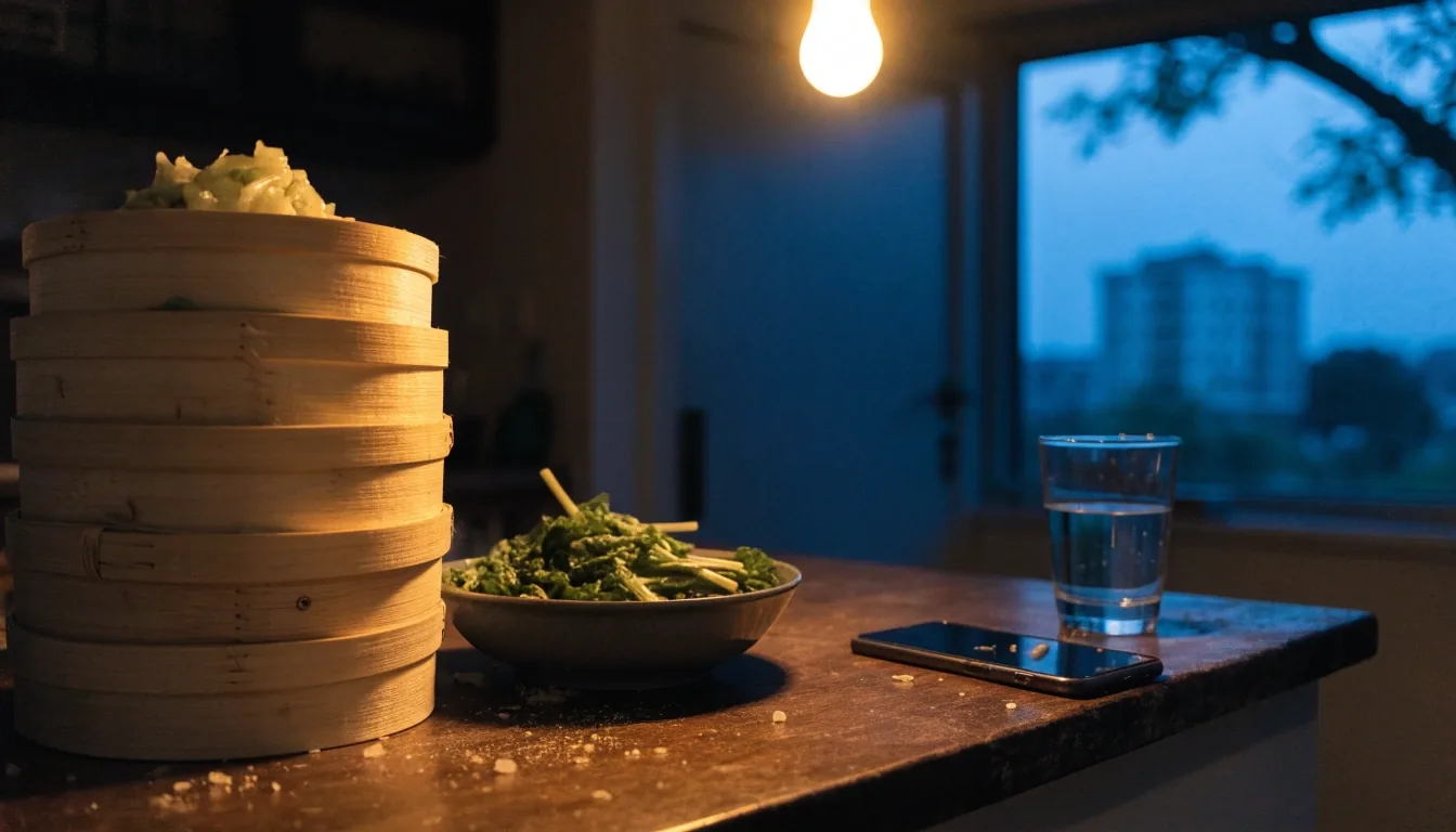 A dusk kitchen counter with a stacked steamer, one bowl of greens and a face-down phone beside a glass of water