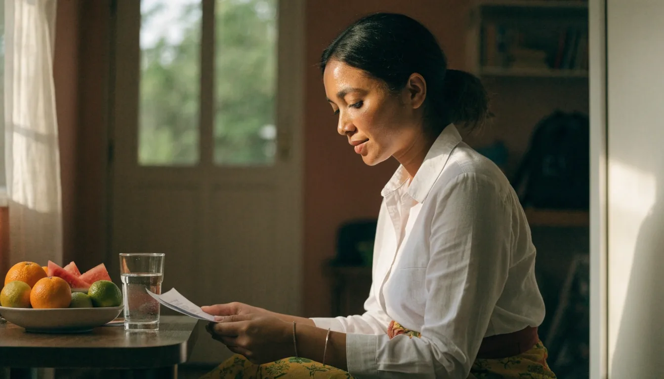 A hand writing on a blank intake sheet at a plain wooden table, lit by late-afternoon window light